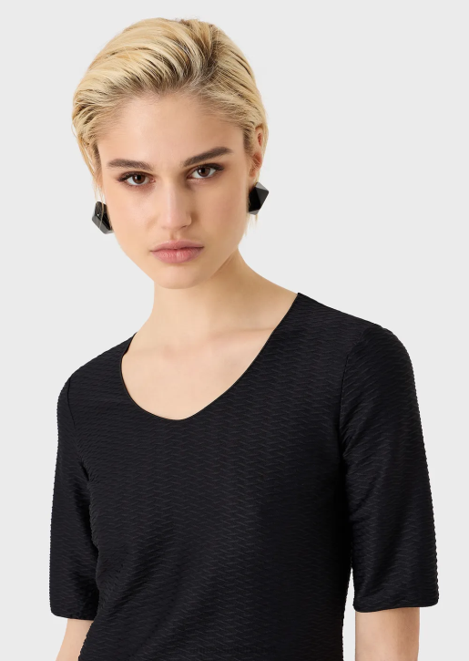Women 086V478 Stretch Jacquard Nylon V-Neck Jumper Armani Black