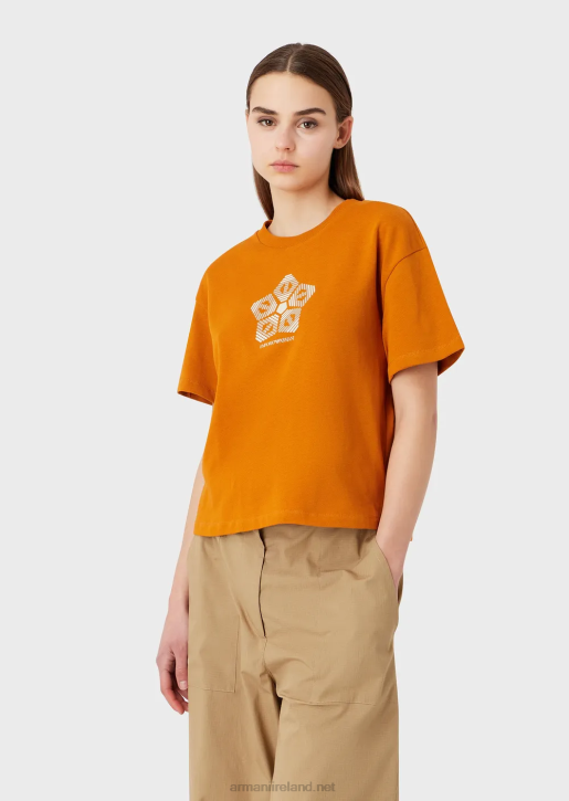 Women 086V482 Organic American Jersey T-Shirt With Sustainable Collection Print Armani Orange