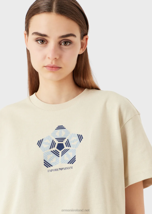 Women 086V483 Organic American Jersey T-Shirt With Sustainable Collection Print Armani Beige