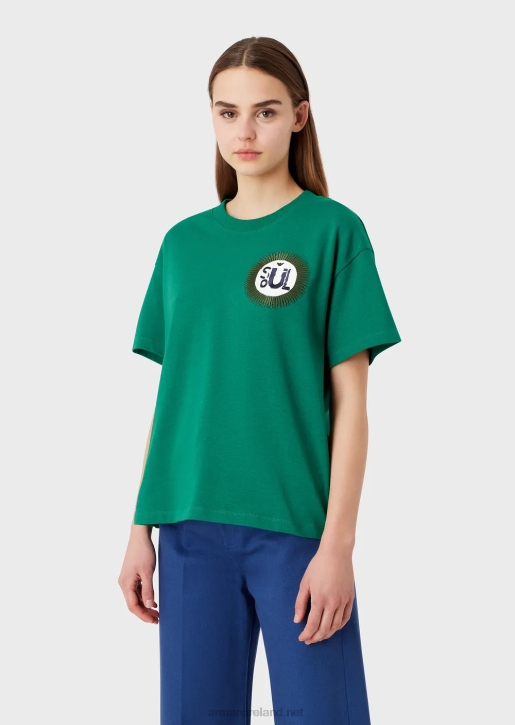 Women 086V485 Sustainable Collection Organic American Jersey T-Shirt With Patch Armani Green