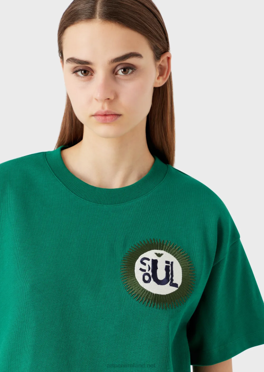 Women 086V485 Sustainable Collection Organic American Jersey T-Shirt With Patch Armani Green