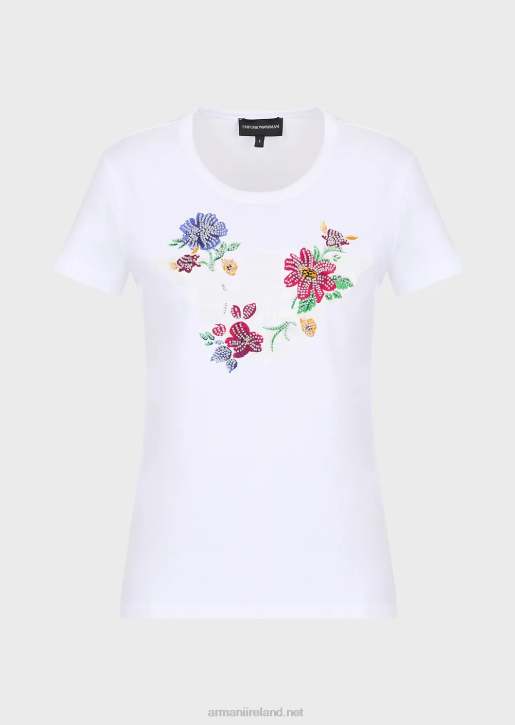 Women 086V490 Jersey T-Shirt With Oversized Rubberised Eagle And Beaded Flower Embroidery Armani White