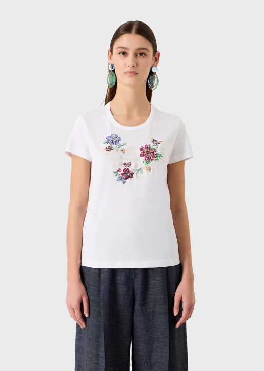 Women 086V490 Jersey T-Shirt With Oversized Rubberised Eagle And Beaded Flower Embroidery Armani White