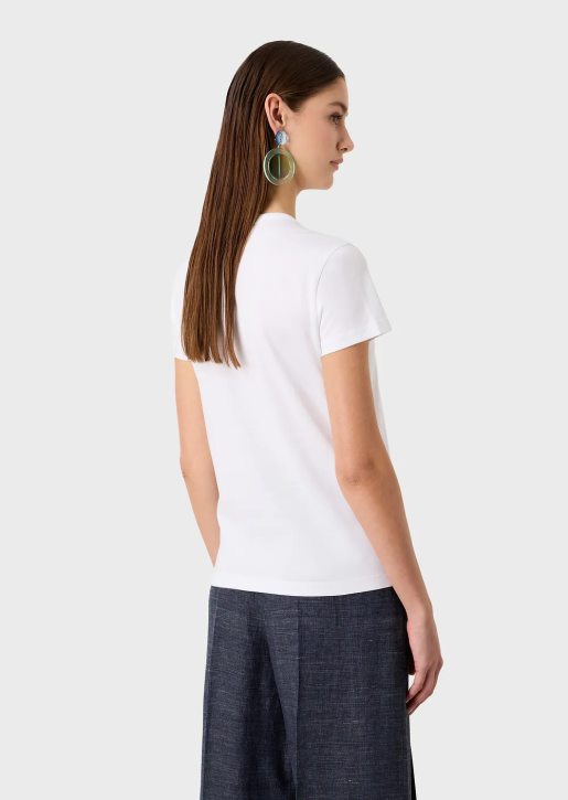 Women 086V490 Jersey T-Shirt With Oversized Rubberised Eagle And Beaded Flower Embroidery Armani White