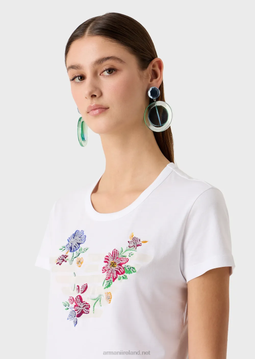 Women 086V490 Jersey T-Shirt With Oversized Rubberised Eagle And Beaded Flower Embroidery Armani White