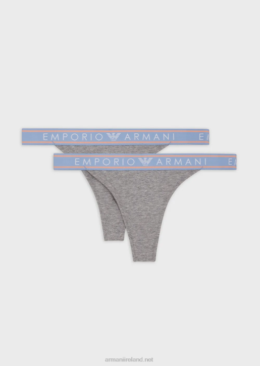 Women 086V138 Two-Pack Of Iconic Organic-Cotton Thongs With Logo Waistband Armani Gray