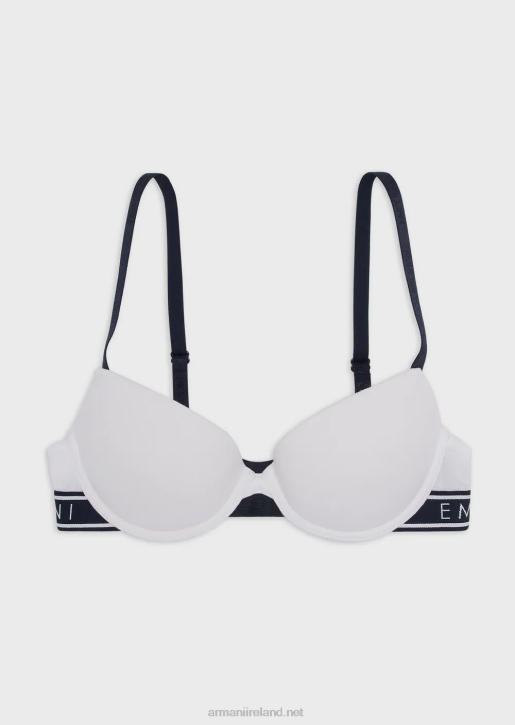 Women 086V143 Iconic Organic-Cotton, Push-Up Bra With Logo Strap Armani White