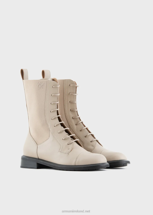 Women 086V491 Leather Lace-Up Ankle Boots With Elastic Inserts Armani Beige