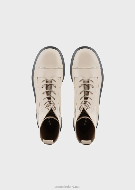 Women 086V491 Leather Lace-Up Ankle Boots With Elastic Inserts Armani Beige