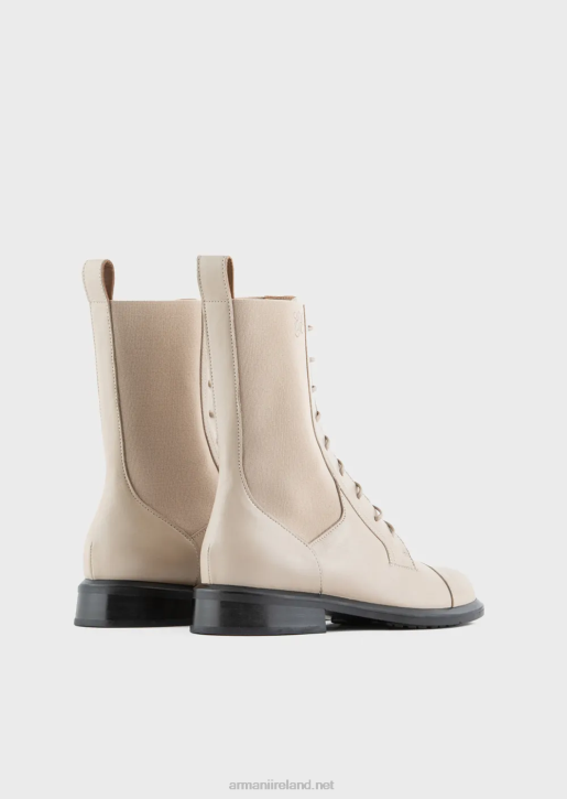Women 086V491 Leather Lace-Up Ankle Boots With Elastic Inserts Armani Beige
