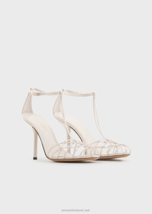 Women 086V522 Nappa-Leather T-Sandals With Mesh-Weave Heels Armani Milky White