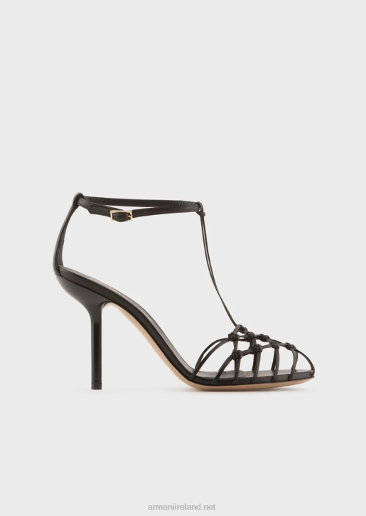 Women 086V523 Nappa-Leather T-Sandals With Mesh-Weave Heels Armani Black