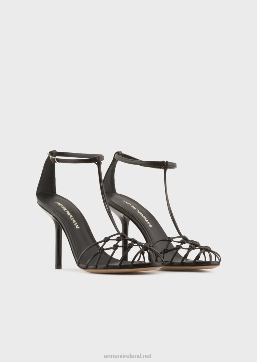 Women 086V523 Nappa-Leather T-Sandals With Mesh-Weave Heels Armani Black