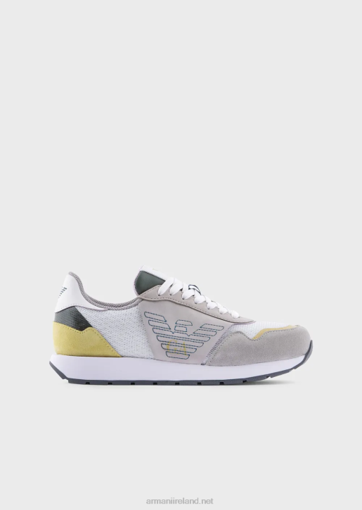 Women 086V543 Suede Mesh And Nappa Leather Sneakers With Embroidered Eagle Armani Gray
