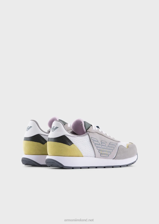 Women 086V543 Suede Mesh And Nappa Leather Sneakers With Embroidered Eagle Armani Gray