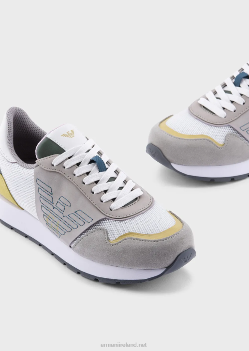 Women 086V543 Suede Mesh And Nappa Leather Sneakers With Embroidered Eagle Armani Gray