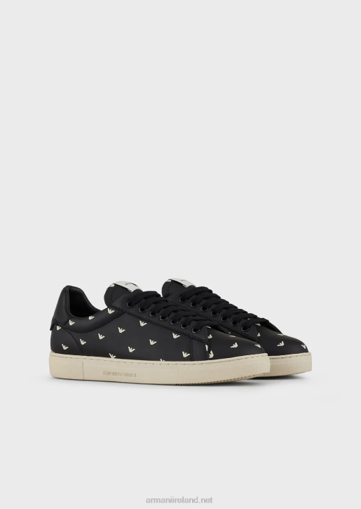 Women 086V546 Soft Leather Sneakers With All-Over 3D Eagle Armani Black