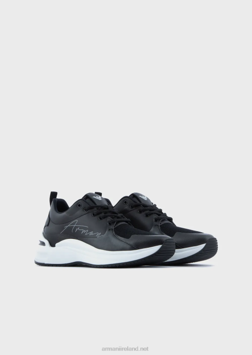 Women 086V550 Leather-And-Mesh Sneakers With Signature Logo Armani Black