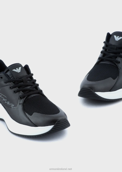 Women 086V550 Leather-And-Mesh Sneakers With Signature Logo Armani Black