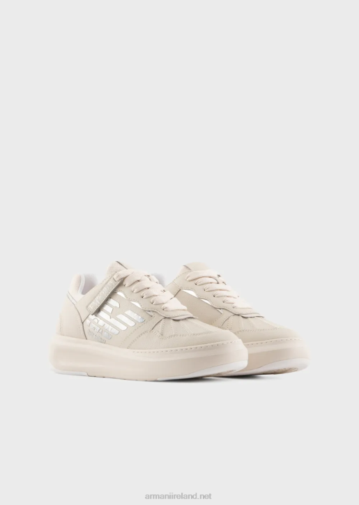 Women 086V560 Leather Sneakers With Laminated Eagle Armani Milky White