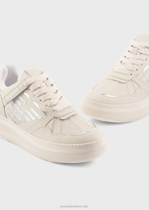 Women 086V560 Leather Sneakers With Laminated Eagle Armani Milky White