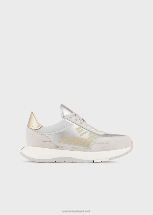 Women 086V561 Suede And Nylon Sneakers With Oversized Eagle Armani Silver