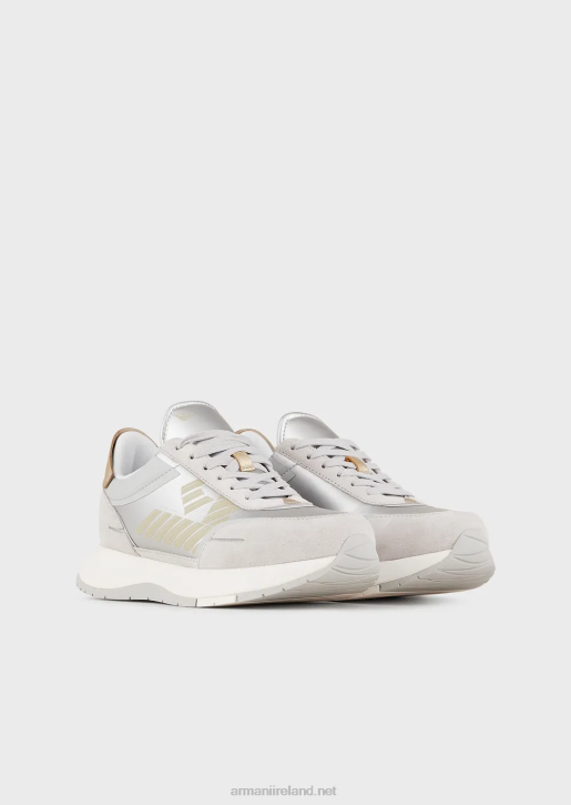 Women 086V561 Suede And Nylon Sneakers With Oversized Eagle Armani Silver