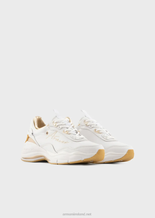 Women 086V573 Leather Sneakers With Crinkled Details Armani White Logo